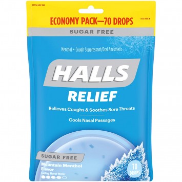HALLS Relief Mountain 薄荷醇無糖 藍色薄荷潤喉糖 夾鏈袋包 70顆